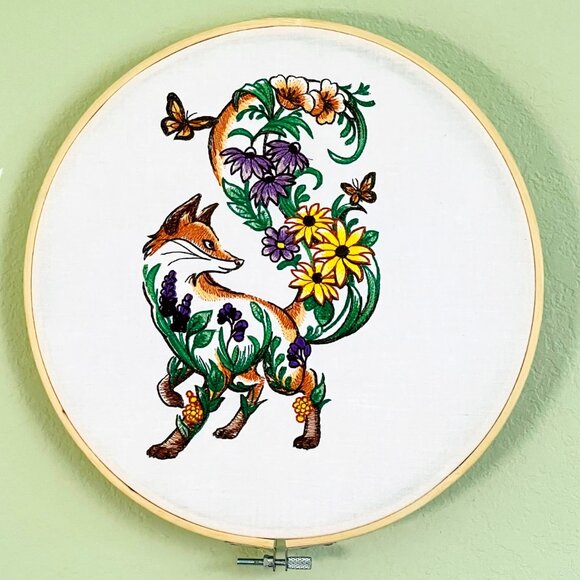 Flower Fox Butterfly Wall Art Embroidery Wood Hoop Frame 10.5" Handmade New - Picture 2 of 7
